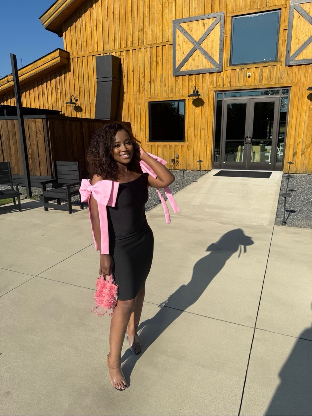 Fashion Nova Black Midi Dress with Pink Bow Accents